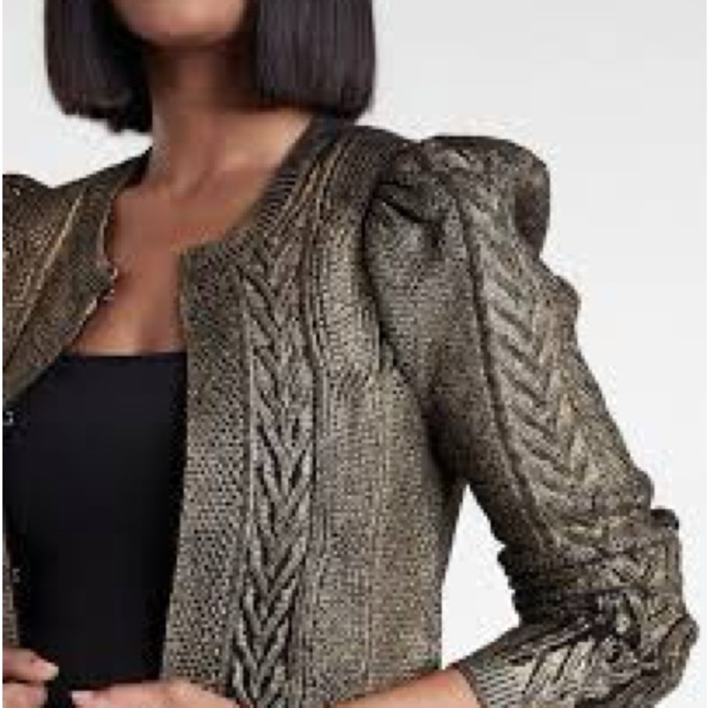 Express Black & Gold Metallic Foil Cable Knit Cardigan Sweater Puff Sleeve XL‎